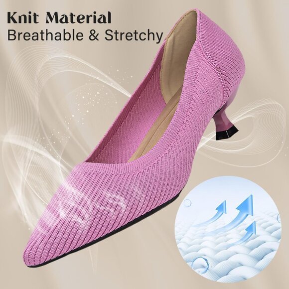 Women's Pink Kitten Heels Pumps Comfortable Knit Closed Toe Heels Casual - Picture 2 of 6